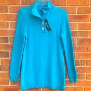 New! Ralph Lauren Turquoise Blue Turnlock Mockneck Ribbed Long Cotton Sweater S